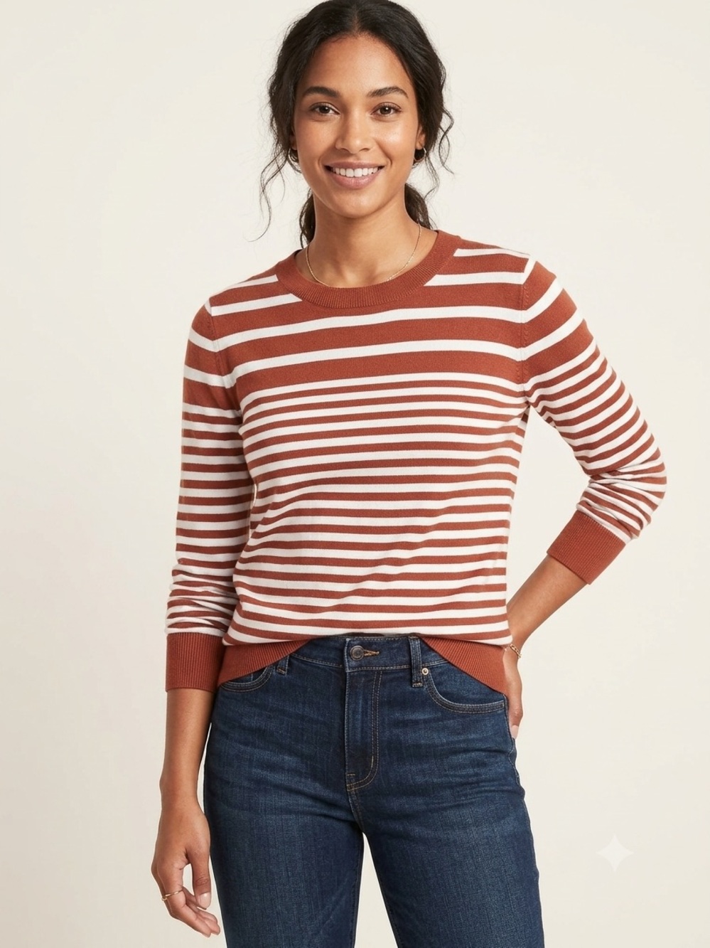 Banana Republic Forever Sweater XS Rust Ivory Stripe Crewneck Knit Pullover